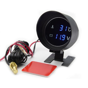 RYSJM | LED Digital Water Temp Gauge 2 in 1 Round Voltmeter With Temperature Sensor 1/8NPT Radiator Joint Pipe Adapter 26MM~40MM 12V24V