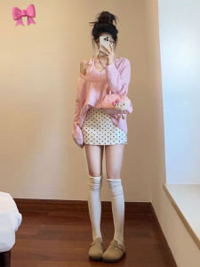 CHANGTONG | Chic Korean Style Pink Neck Hanging Sweater Polka Dot Half Skirt Set Beautiful Ageless Fashionable Cotton Long Sleeve V-Neck