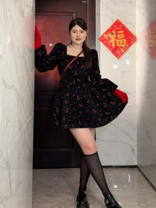 Váy Dài Tay Màu Đen Hoa Lãng Mạn Kiểu Pháp Cỡ Lớn DMcc Dành Cho Phụ Nữ Ngoại Cỡ Mùa Xuân Thu Váy Chữ a Cạp Cao Thường Ngày