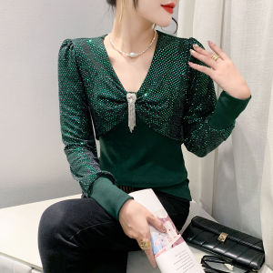 Yimei áo kim tuyến lấp lánh lót cổ chữ V có tua rua khí chất Áo Thun Nữ xinh đẹp Tay áo dài mới mùa thu 2023