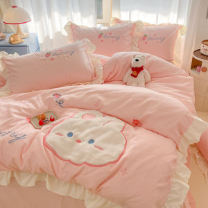 Cotton Cartoon Four-Piece Set Lace Bedding  Plaid Princess Style Cute Pure Cotton Naked Sleep All Seasons Bedding