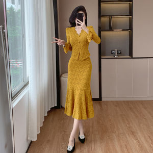 Impression Fashion Store Women Elegant V-neck Long Flare Sleeve Slim Blouse and High Waist Bodycon Midi Fishtail Skirt 2 Pcs Set