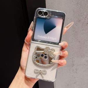 Sanrio | Luxury Fold Glitter Sanrio Hello Kitty Makeup Mirror Bow Case For Samsung Z Flip 8 Z Flip 7 Z Flip 6 5 4 3 Protective Cute Cover