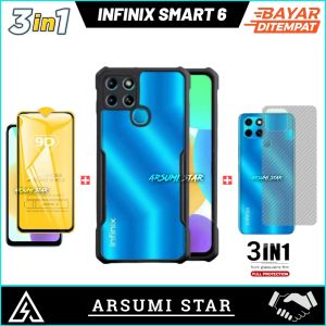 PROMO PAKET MURAH 3 IN 1 INFINIX SMART 6 CASING TRANSPARANST + TEMPERED GLASS ANTI BLUELIGHT / ANTI GORES ANTI RADIASI + SKIN CARBON