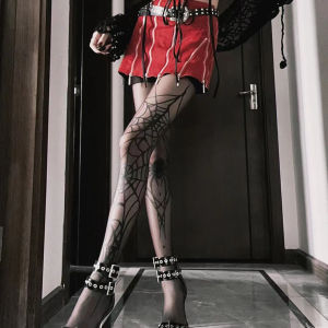 Halloween Spider Print Dark Gothic Style Y2K Subculture Black Silk Lolita Cosplay Stockings Ultra Thin Four Seasons Womens Tights