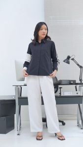 QUEENTIN Kemeja Wanita Kombinasi 1040 Katun Poplin Polos Lengan Panjang