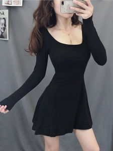 ชุดเดรสคอวีแขนยาวทรงเอเอวสูงผ้าคอตตอนสแปนเด็กซ์เนื้อนุ่มสีดำ ทรงเข้ารูป ทรงเข้ารูป เดรสสไตล์ฮิปซี แฟชั่นฤดูใบไม้ร่วง