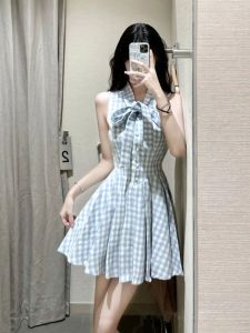 CHANGTONG | Blue Plaid Sleeveless Vest Dress Womens Summer Slimming Short Skirt Waist-Cinching French Style Butterfly Knot V-neck A-line Dress