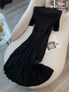 Black Ice Silk Knitted Dress Womens Summer Slimming Waist Cinched Long Dress High-End Age-Defying French Style Little Black Dress