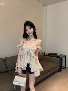 GUZILIAN | Áo Blouse Chiffon Mùa Hè Dáng Quây Lệch Vai Phong Cách Gái Spicy Ruffle Thiết Kế Không Đều