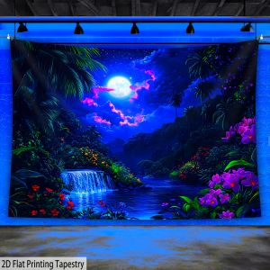 VIKAMA Rainforest Tapestry Tropical Jungle Waterfall Moonlight Mural Living Room Sofa Backdrop Wall Room Decor