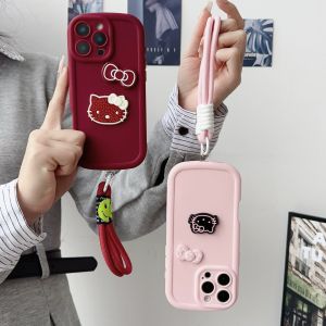Cute 3D Cartoon Bow Kitty Case For iPhone 15 12 11 13 14 16 Pro Max 7 8 Plus X Xs Xr 15plus 16e Soft Silicone Cover + Lanyard