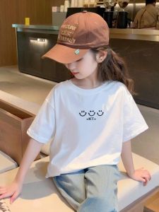 Cute Girls Short Sleeve T-Shirt Pure Cotton Summer Clothes Baby White Half Sleeve Childrens Casual Loose Fit round Neck Tee