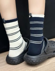 Korean Style Womens Mid-Calf Socks Color Block Striped Back Label College Style Autumn Winter New Arrival Sweet Style