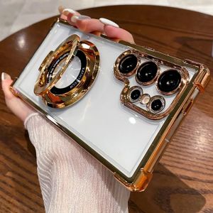 Four Corners Anti Drop Transparent Electroplated Magnetic Stand Protective Case For Samsung Galaxy S25 S24 S23 S22 Ultra Plus