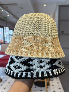 Retro Color Block Diamond Pattern Womens Spring Summer Knitted Bucket Hat Sunshade Face Slimming Natural Look Korean Style
