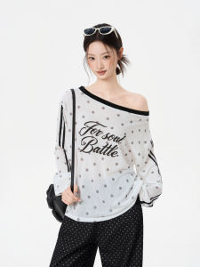 iiiamx | Áo Blouse Mùa Hè Dễ Dàng Phối Đôi Bờ Vai Trắng Chấm Bi Tay Dài
