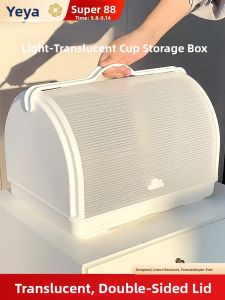 Elegant Cup Storage Rack Dustproof Tea Set Draining Stand Office Home Desktop Organizer Box with Cover Plastic Material