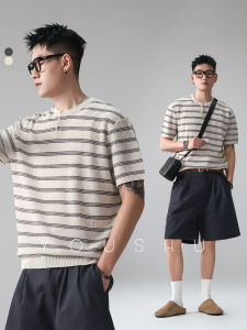 Henley Collar Striped Knitted Short Sleeve T-shirt