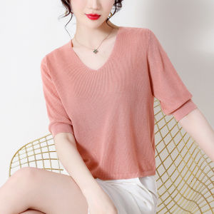 Silk Womens Short Sleeve V-Neck T-Shirt Ice Silk Summer New Style Korean Version round Neck Bright Thread Splicing T-Shirt