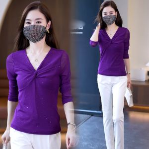 Womens Long Sleeve Mesh Base Shirt Slim Fit Inner Wear Black V-Neck T-Shirt Fashionable Versatile Base Layer Top