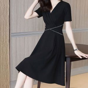 Spring Autumn Womens Hepburn Style Slimming Straight Tube Dress High Waist A-Line Midi Skirt Short Sleeve V-Neck Pure Color