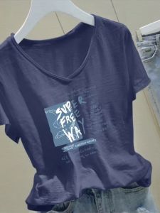 V.C.I | Blue Stripe Cotton Icy Silk V-neck Short Sleeve Womens Summer T-shirt
