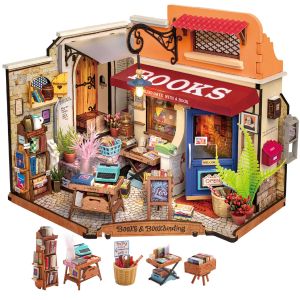Robotime  Mini Corner Bookstore Tiny House DIY Miniature House Kit Making Kit with LED Wooden Craft Kit Decorative Hobby Unique Gift