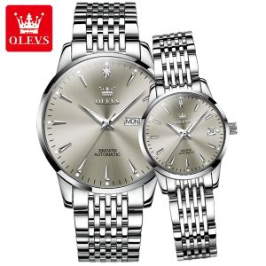 OLEVS | Đồng Hồ Cơ Tự Động Lịch Kép OLEVS 6635 Dành Cho Các Cặp Đôi Đồng Hồ Đeo Tay Chống Nước Dây Thép Không Gỉ Sang Trọng Đơn Giản
