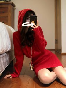 French Red Hooded Knitted Sweater Dress Womens Autumn Winter Soft Cozy Mini Skirt Wrap Body High Waist A-Line Dress