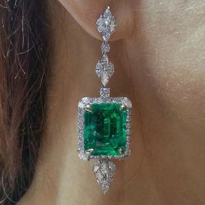 Huitan Nữ Hình Học Vuông Xanh Cubic Zircon Tòn Ten Bông Tai Pha Lê Lấp Lánh CZ Cao Cấp Tai Trang Sức Cho Đám Cưới