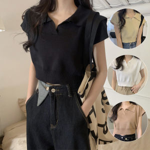 Short Sleeve Plolo Shirt Women Korean Style Cropped Knit Crop Top