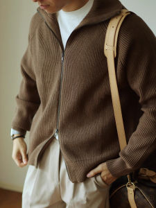 Heavy Weight Knitwear Zipper Thermal Knitting Sweater Cardigan Casual Young Mens Lapel High Collar Loose Pure Color Outwear