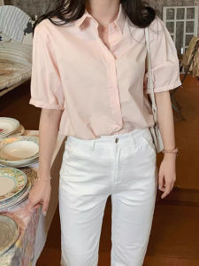 Pink Short Sleeve Womens Shirt Summer French Design Loose Thin White Top Polyester Blend Polo Collar Single Button Closure