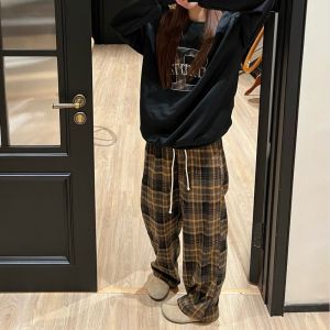 Retro Gingham Brushed Straight-leg Casual Pants Womens Fall and Winter New Arrival High Waist Loose Fleece-lined Mop Wide Leg Pants Long Pants