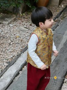 Retro Dragon Pattern Embroidered Cotton Vest Childrens Autumn Winter New Years Celebration Clothing Boys Girls Traditional Chinese Costume