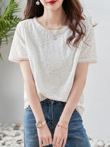 Elegant round Neck Short Sleeve Embroidered Lace Trim Chiffon Womens Shirt Summer New Style White Top Fashion Versatile Loose Fit