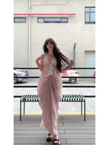 Pink French Strap Long Dress Womens Summer Beach Vacation Clothing A-Line Skirt Style Sleeveless V-Neck Casual Elegant