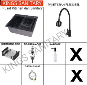 Kitchen Sink 5243 Black Komplit Set Kran Tarik/Kran Fleksibel/Kran Siku/Kran Angsa/Kran Pantry / Bak Cuci Piring Hitam 1 Lubang Minimalis Model ONAN/JKM/BOLZANO/INOBE