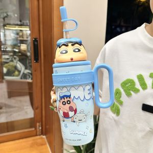 XW | X&W Crayon Shin-Chan Straw Insulated Cup Cartoon Water Cup with Doll Lid&Handle Portable Desktop Coffee Milk Mug for Office/Home