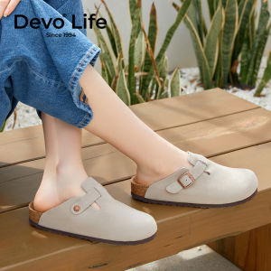 Devo Womens Slip-On Flats Soft Wood Sole Head Cover Slippers Summer Fashionable Couple Shoes Low Heel Flat Footwear