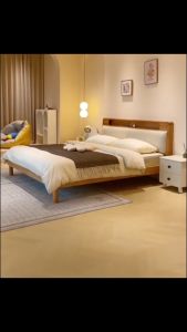 GOLD Queen Solid Wood Bed Frame Kayu Asli  With Headboard Soft Package Wooden Bed Katil Rangka Super Single/King Bed 实木床
