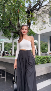 กางเกงขายาวทรงขาบานเอวสูงจับจีบหน้าเนื้อผ้าโพลีเรย้อนพรีเมียม PANTS B1 - Outfits