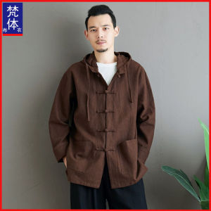 Autumn Cotton Linen Hooded Casual Chinese Style Jacket Monastic Clothing Button Decorated Long Sleeve Pure Color Mens Tang Costume