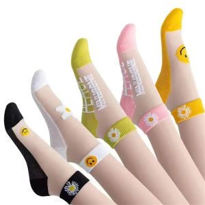 5 Pairs Daisy Pattern Socks Soft & Lightweight Mesh Short Socks Womens Stockings & Hosiery