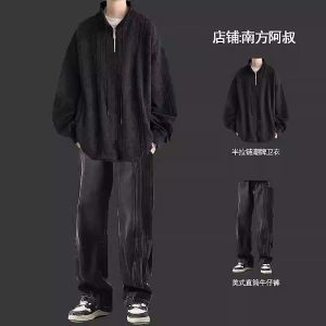 Casual Sportswear Sweatshirt Set for Men with Half Zipper Trendy Brand Cool Looking with Jeans Student High End Feel Two Piece Set Clothes