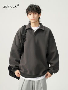 Heavyweight Áo Hoodie Nam Mùa Thu Thời Trang Rộng Rãi Fit Long Tay Turn Cổ Áo Màu Trơn Đơn Giản Áo Polo Cotton Vải Bông Polyester Pha Trộn