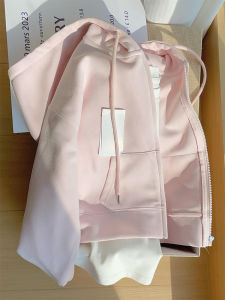 เสื้อแจ็คเก็ตฮู้ดสั้นสีชมพูสำหรับผู้หญิง ฤดูใบไม้ผลิและฤดูใบไม้ร่วง 2025 แจ็คเก็ตฮู้ดสไตล์อเมริกันแบบมีซิปหลวมๆ สไตล์ลำลอง