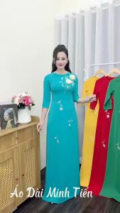 Áo Dài Lụa Mỹ Cao Cấp Họa Tiết Đính Kết Thủ Công Tỉ Mỉ - Mã C39-1 Màu Xanh Ngọc