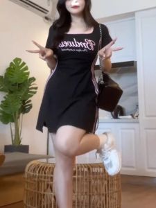 plus Size Spicy Girl Split Dress Women Summer Slimming Meat Covering American Retro Short Skirt A-Line Midi Dress Polyester